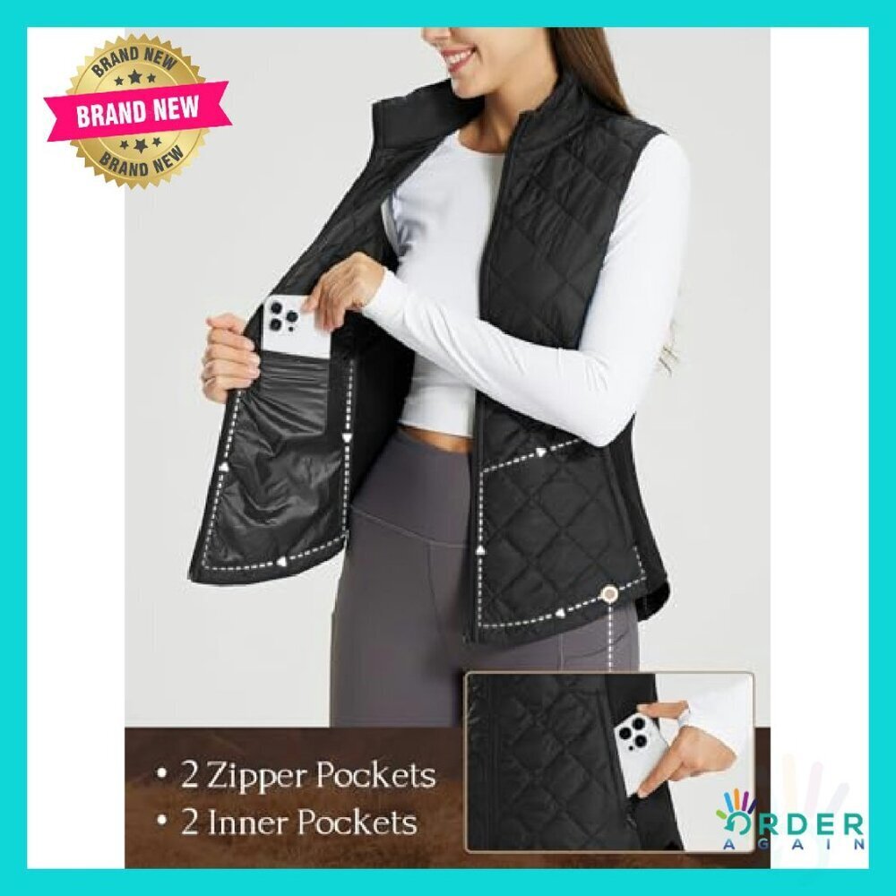 Quilted Puffer Vest Lightweight Winter Warm Stand Collar Water Resistant Zip - Picture 5 of 8